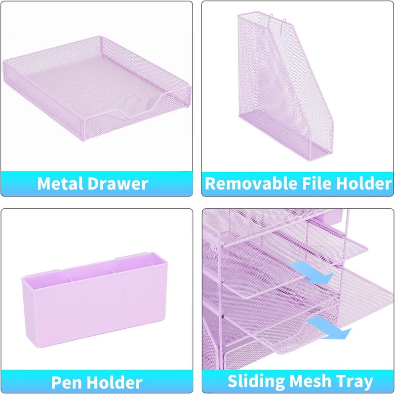 Gugsey Desk Organizer, 5-Tier Paper Letter Tray Organizer with File Holder, Drawer and Pen Holder, Desktop Organizer for Office Supplies, Purple - Image 3